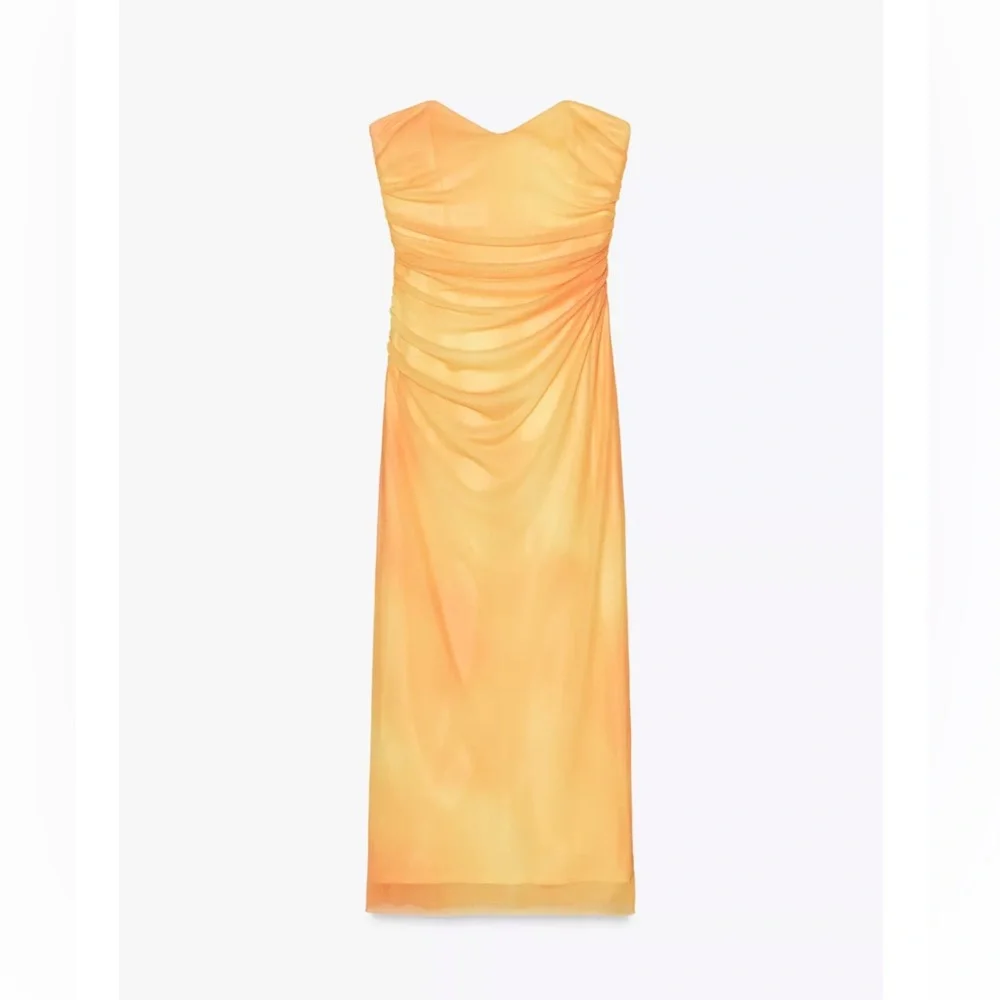 Zara NWT yellow orange tie dye printed tulle midi draped ruched sweetheart dress - Picture 13 of 15